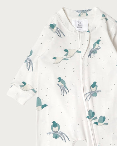 Babu Cotton Long Sleeve Footless Onesie - Kereru - close up detail