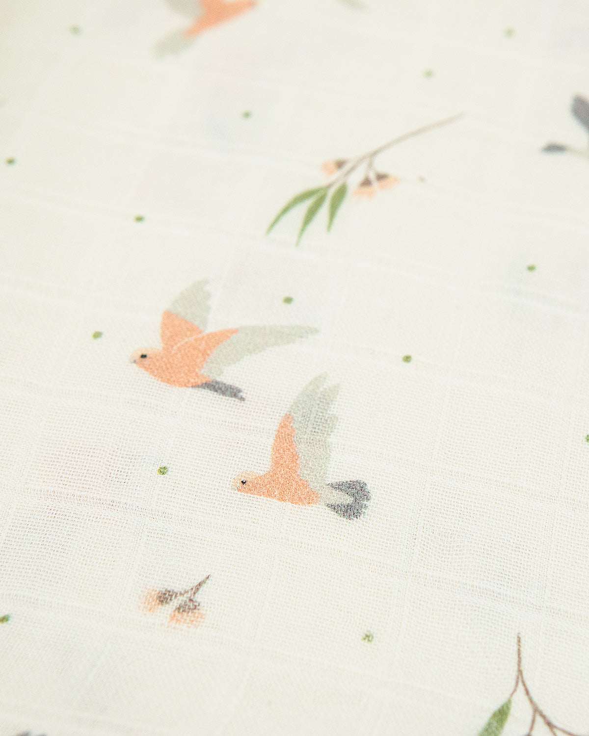Organic cotton large muslin swaddle wrap in Australian native Galah bird print – GOTS certified double gauze – newborn baby gift – baby essentials – Babu - close up