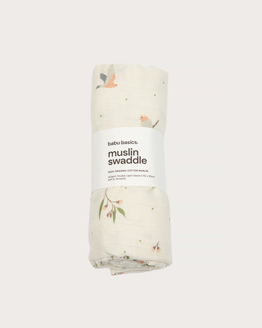 Organic cotton large muslin swaddle wrap in Australian native Galah bird print – GOTS certified – newborn baby gift – baby essentials – Babu - packaged