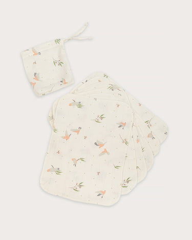 Organic cotton muslin wash cloths 6 pack in Australian native Galah bird print – GOTS certified double gauze – newborn baby essentials – Babu - with drawstring bag