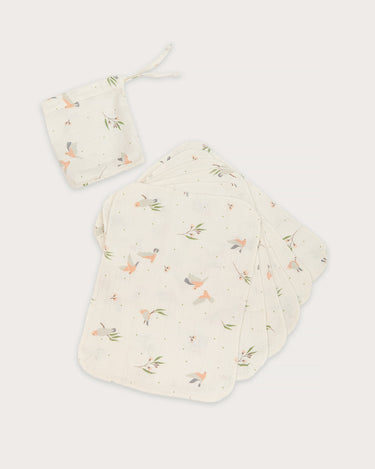 Organic cotton muslin wash cloths 6 pack in Australian native Galah bird print – GOTS certified double gauze – newborn baby essentials – Babu - with drawstring bag