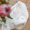 Organic cotton muslin wash cloths 6 pack in Australian native Galah bird print – GOTS certified double gauze – newborn baby essentials – Babu - with protea flower