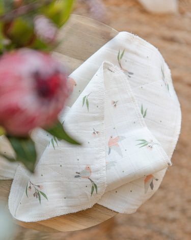 Organic cotton muslin wash cloths 6 pack in Australian native Galah bird print – GOTS certified double gauze – newborn baby essentials – Babu - with protea flower