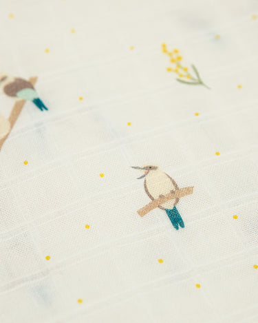 Organic cotton large muslin swaddle wrap in Australian native Kookaburra bird print – GOTS certified double gauze – newborn baby gift – baby essentials – Babu - close up