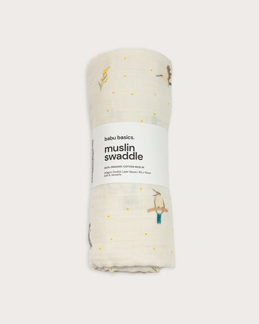 Organic cotton large muslin swaddle wrap in Australian native Kookaburra bird print – GOTS certified – newborn baby gift – baby essentials – Babu - packaged