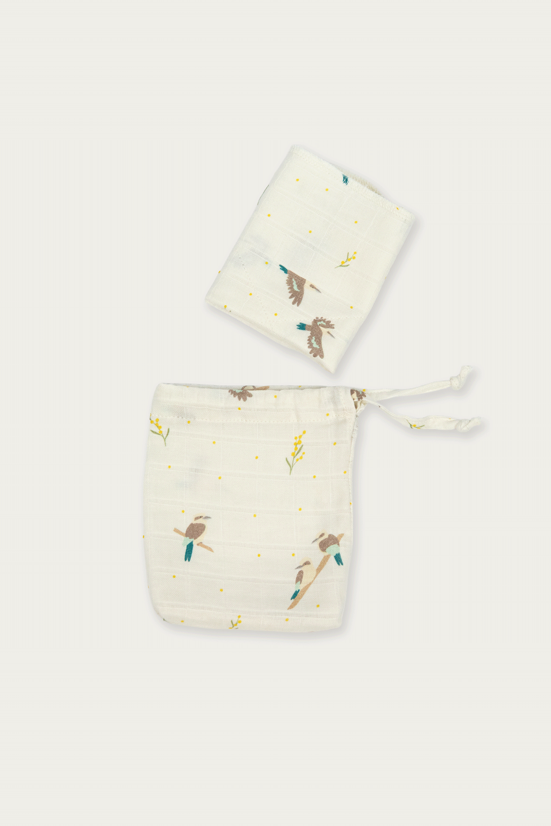 Organic cotton muslin wash cloths 6 pack in Australian native Kookaburra bird print – GOTS certified double gauze – newborn baby essentials – Babu - moving animation