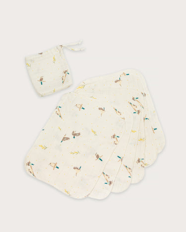 Organic cotton muslin wash cloths 6 pack in Australian native Kookaburra bird print – GOTS certified double gauze – newborn baby essentials – Babu - with drawstring bag