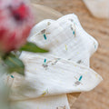 Organic cotton muslin wash cloths 6 pack in Australian native Kookaburra bird print – GOTS certified double gauze – newborn baby essentials – Babu - with protea flower
