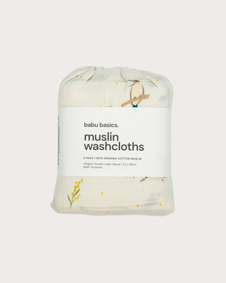 Organic cotton muslin wash cloths 6 pack in Australian native Kookaburra bird print – GOTS certified double gauze – newborn baby essentials – Babu - packaged