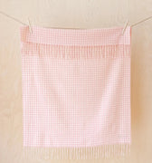 A light pink and white gingham checkered towel with fringed edges hanging from clips on a string against a light wood-paneled wall.