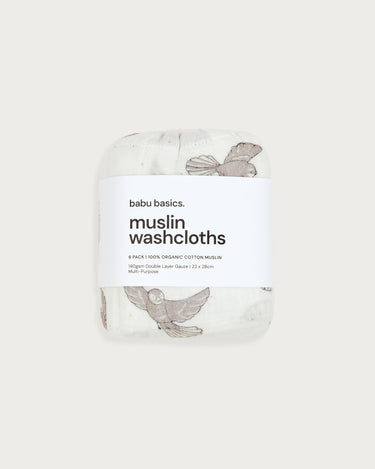 Babu Muslin Wash Cloths (6 Pack) - Piwakawaka