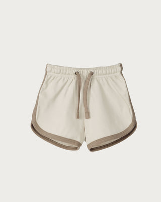 Organic cotton contrast trim shorts for toddlers and babies in oat beige -GOTS certified – drawstring waist shorts – Babu - front
