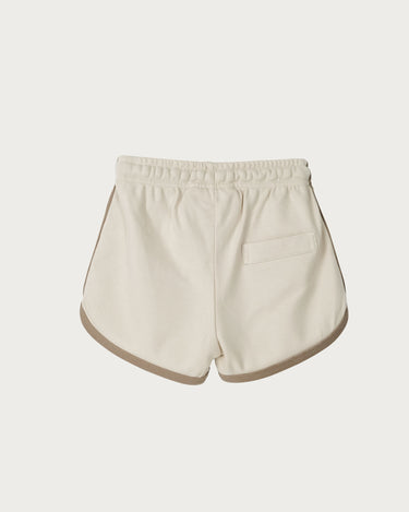 Organic cotton contrast trim shorts for toddlers and babies in oat beige -GOTS certified – drawstring waist shorts – Babu - back