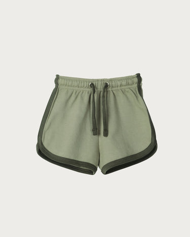 Organic cotton contrast trim shorts for toddlers in sage green – GOTS certified – drawstring waist shorts – Babu - front
