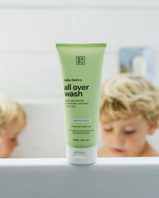 Baby at bath time with natural all over wash – tear free gentle formula for sensitive skin – Babu