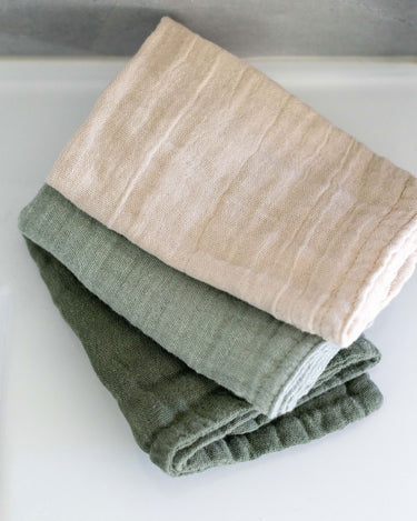 Cotton muslin face cloths 3 pack in Moss green, Sage, Oat natural – 4 layer gentle exfoliating wash cloth – skincare and baby bath – Babu - top